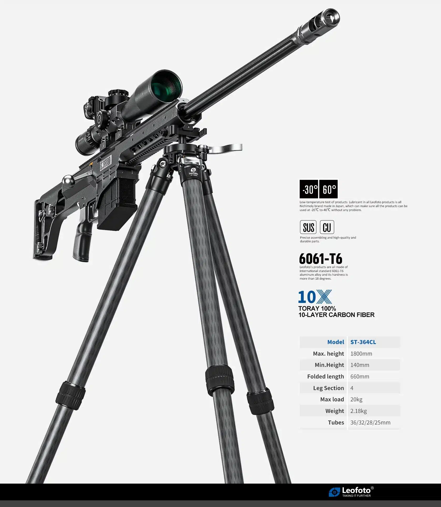 Leofoto Rifle Tripod with Integrated Lever-Control Ballhead | Lever-Release Clamp - ST-364CL (Long)